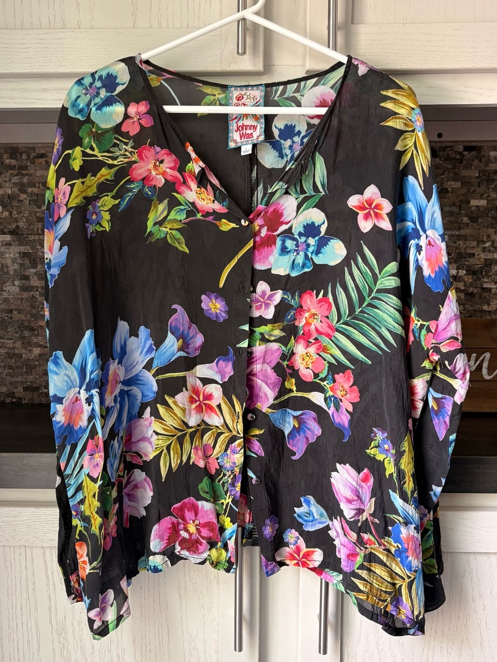 Johnny Was Aruba Maeve Black Floral Button Front Blouse